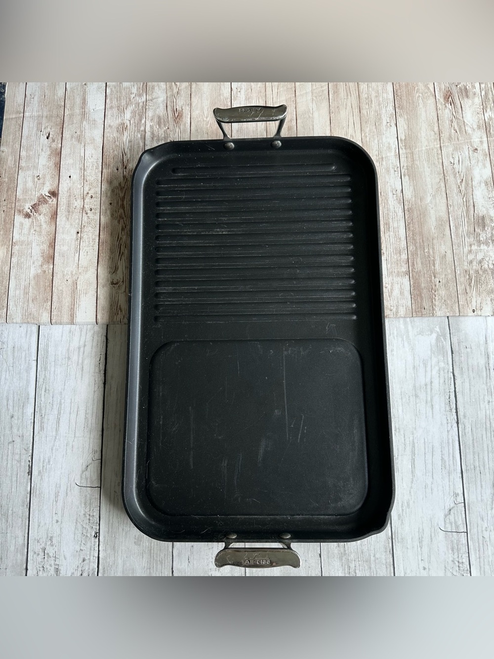 PREOWNED ALL CLAD EXPERT NON STICK DOUBLE BURNER GRILL GRIDDLE BLACK PAN